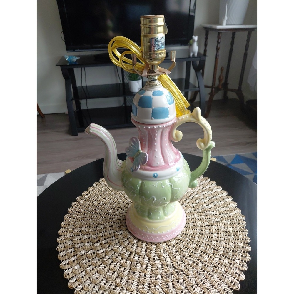 Whimsical Teapot Table Lamp Pastel Colors Butterfly Ceramic Artsy - Picture 2 of 8